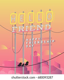 Vector illustration of retro sign HELLO FRIEND. Friendship Day greeting card