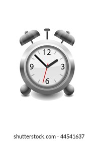 Ilustración vectorial de un reloj de alarma analógico de plata retro con campanas gemelas y martillo guardado en formato EPS 10