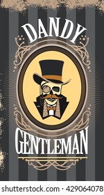 vector illustration retro skull with a mustache in the cylinder in an elegant frame