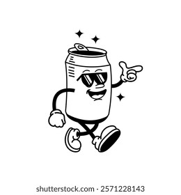 Vector illustration Retro Soda can mascot. Cute character in trendy retro 60s 70s cartoon style.