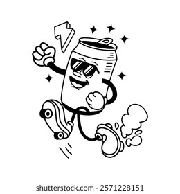 Vector illustration Retro Soda can mascot. Cute character in trendy retro 60s 70s cartoon style.