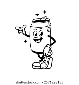 Vector illustration Retro Soda can mascot. Cute character in trendy retro 60s 70s cartoon style.