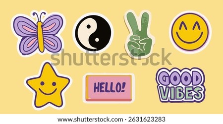 Vector illustration with retro sticker icons: butterfly, yin yang, peace sign, star, and positive words. Hand-drawn 70s cartoon style, a trendy and popular look.