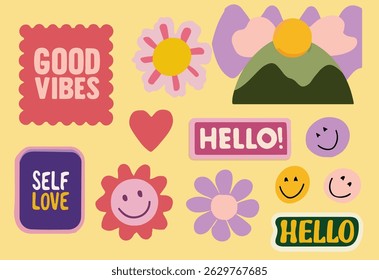 Vector illustration in retro sticker style, featuring pastel and bright colors, flowers, a heart, and positive text messages. Fun and colorful for modern or vintage designs.