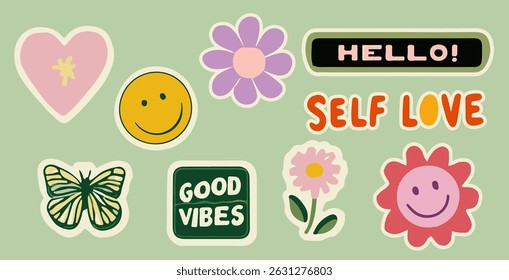 Vector illustration in retro sticker style, featuring bold outlines, pastel and bright colors, flowers, a butterfly, and positive text messages. Fun and colorful for modern or vintage designs.