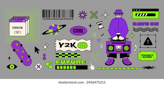 	
Vector illustration. Retro stickers set. Nostalgia for 1990s -2000s (Y2K). Old computer aestethic elements. Isolated gray background. Text: Rave on, Future
