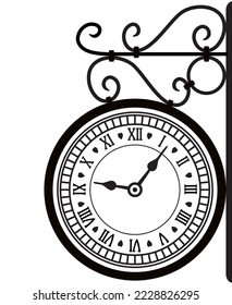 vector illustration of retro street clock isolated on white background. clock with roman numbers and forged metal ornament