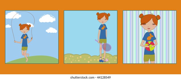 Vector illustration of the retro style beautiful pictures with the little girl during the different activities- jumping and playing.