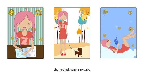 Vector illustration of the retro style beautiful pictures with the little girl during the different activities- reading, writing, walking with the god.