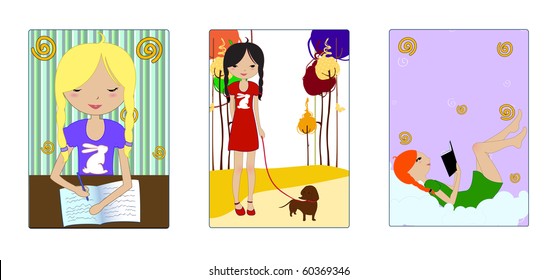 Vector illustration of the retro style beautiful pictures with the little girl during the different activities- reading, writing, walking with the god.