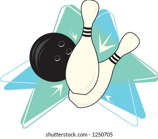 Vector illustration of retro style bowling scene on a boomerang backdrop. See my gallery for more of this series.