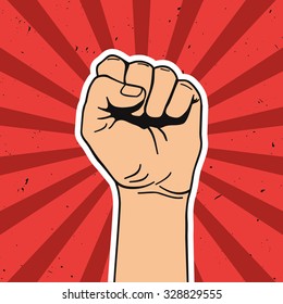 Vector illustration in retro style of clenched fist held high in protest. Comics art.