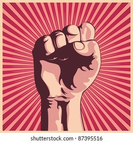 Vector illustration in retro style of a clenched fist held high in protest.