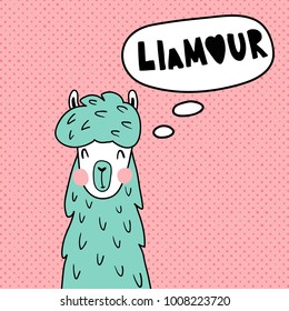 vector illustration in retro style, funny llama illustration and hand lettering pun text - llamour is a combination of llama and french amour (love) words