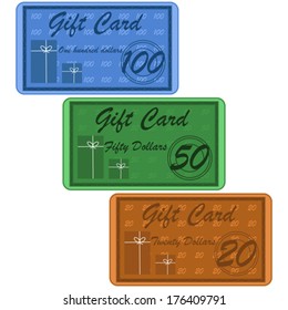 Vector illustration of retro style gift cards for twenty, fifty or one hundred dollars