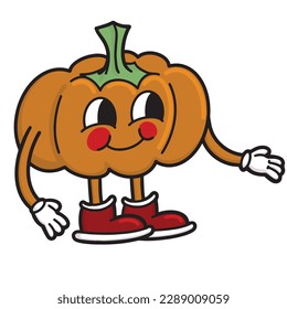 Vector illustration in retro style of Halloween pumpkin with hands and cute smile. Symbol of autumn celebration
