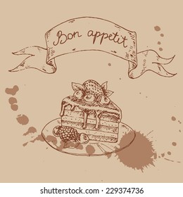 vector illustration in retro style. hand drawn illustration of a cake with ribbon and label