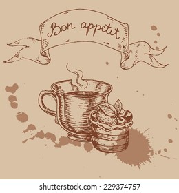 vector illustration in retro style. hand drawn illustration of a cake with ribbon and label