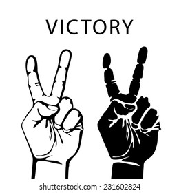 Vector illustration in retro style of a hand with victory sign