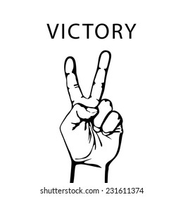 Vector illustration in retro style of a hand with victory sign
