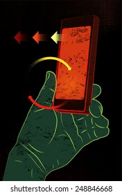 Vector illustration in retro style with hand holding smart phone, touching screen.