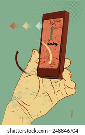 Vector illustration in retro style with hand holding smart phone, touching screen.