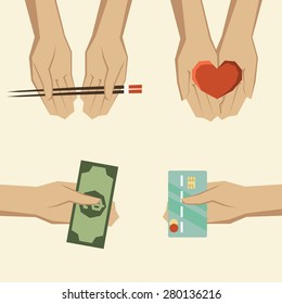 vector illustration in retro style, hand giving objects