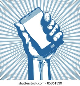 Vector illustration in retro style of a hand holding a cool modern cell phone