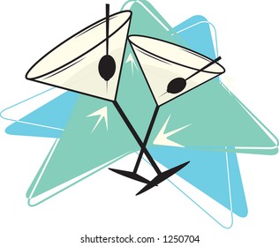 Vector illustration of retro style martinis on a boomerang backdrop. See my gallery for more of this series.