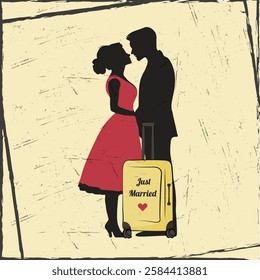 Vector illustration in retro style. A newlywed couple in love are going on a honeymoon trip.