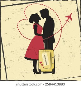 Vector illustration in retro style. A newlywed couple in love are going on a honeymoon trip.