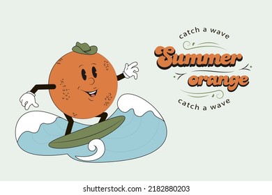 Vector illustration in retro style. Orange on a surfboard.