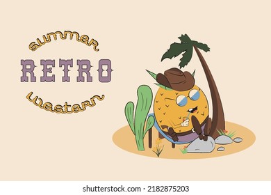 Vector illustration in retro style. Pineapple resting under a palm tree.