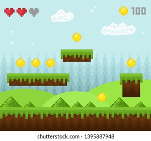 Vector illustration of retro style pixel game landscape, pixelated game scenery icons, old game background, pixel design.