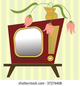 vector illustration of retro style TV set on a background of striped wallpaper