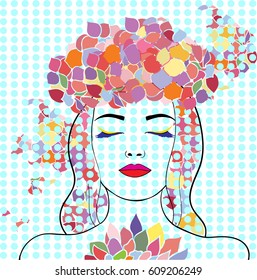 Vector illustration in retro style, woman`s face close-up, wreath of flowers on the head, eyes closed. Flowers in pop-art style, long hair,  colorful background.