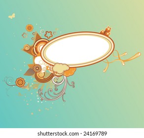 Vector illustration of retro styled design frame made of floral elements and funky stars