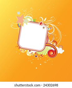 Vector illustration of retro styled design frame made of floral elements and funky stars