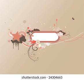 Vector illustration of retro styled design frame made of floral elements and funky stars
