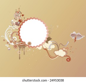 Vector illustration of retro styled design frame made of floral elements and funky hearts