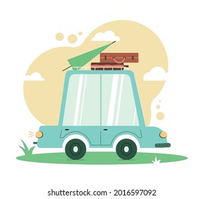 Ilustración vectorial del auto azul estilizado retro. Fondo verde y amarillo. Coche con maletas y sombrilla. concepto de viaje de verano. Ilustración para una postal, afiche, decoración.