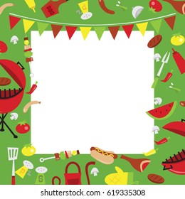 A vector illustration of retro summer barbecue party background. The image is filled with party elements like hot dogs, condiments, bbq and meat. There is a white square background for copy.