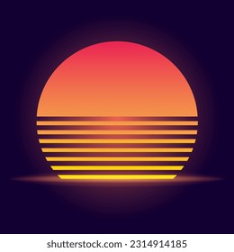 Vektorgrafik der Retrosonne im Stil der 80er Jahre. Futuristischer Hintergrund mit Sonnenuntergang. Trendy Design für Science-Fiction, Cyberabstraktes Poster, Print.