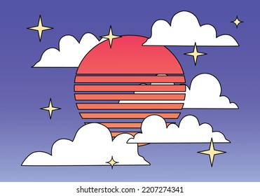 Vector illustration of retro sun, clouds, stars in 80`s style. Retrowave, synthwave futuristic background with sunset. Trendy design for sci-fi, cyber abstract poster, print.