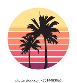 Ilustración vectorial de atardecer retro y palmeras. Ilustración de estilo retro.