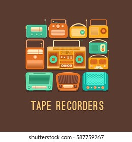 Vector illustration of a retro tape recorders and radios. Vintage poster with a cassette recorder. Poster music retro party. Background for banner, invitation, postcard, ticket, card, album and others