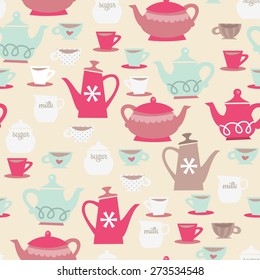 A vector illustration of retro tea time seamless pattern background.