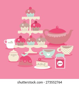 A vector illustration of retro tea time scene. Included in this scene: cupcakes on cupcakes stand, teapot, milk, sugar, teacup, cake, and jam. 