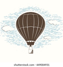 Vector illustration of retro textured journal travel background with balloon, sky, clouds. Vintage template for card, postcard, mark isolated on light backdrop. Print or web design