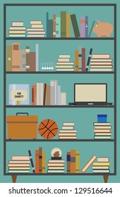 Vector illustration of a retro themed bookshelf with several contents.